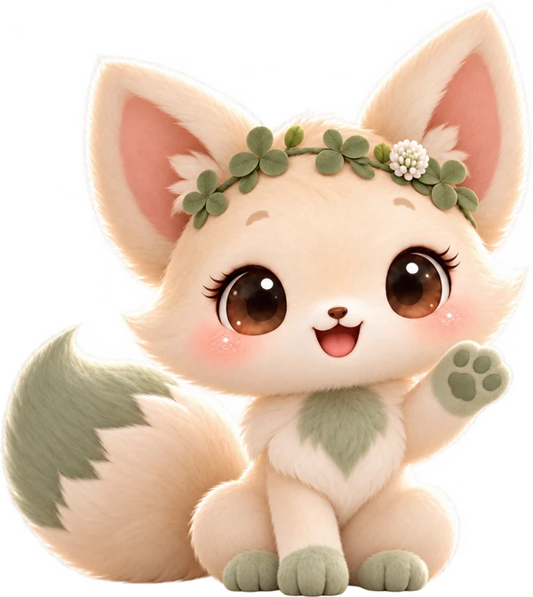 Clovi, a cream fox with a crown of clovers, waving hello